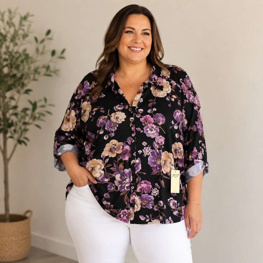 PerSeption Women 3X Black Purple Floral Metallic Roll Tab Button Down Tunic Top